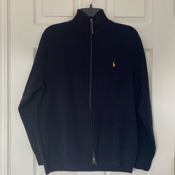 Vintage Polo Ralph Lauren Men's cotton Sweater Jacket Zip front Yellow Strip - Picture 1 of 3